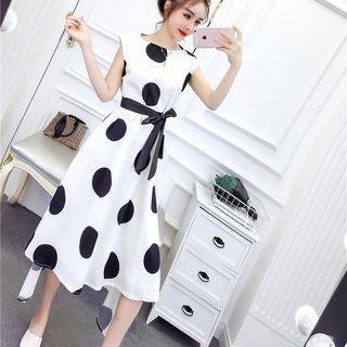 Dotted Cap-sleeve Midi A-line Dress