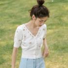 Floral Embroidered Short-sleeve Cropped Knit Top White - One Size