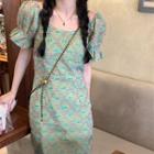 Puff-sleeve Square-neck Jacquard Dress