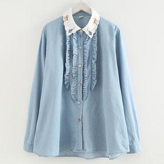 Cat Embroidered Ruffled Shirt