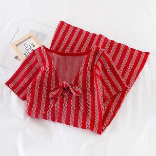 Striped V-neck Knit Dress Red - One Size