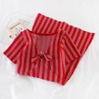 Striped V-neck Knit Dress Red - One Size