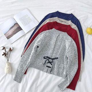 Melange Crewneck Lace-up Long-sleeve Knit Top