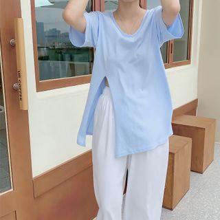 Short-sleeve Plain Split T-shirt / High-waist Plain Pants