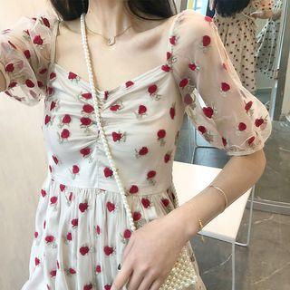 Embroidered Strawberry Mesh A-line Midi Dress