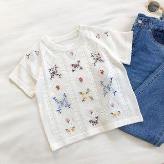 Embroidered Crewneck Short-sleeve Knit Top White - One Size