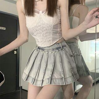 Washed Pleated A-line Denim Skirt / Chain Belt / Set