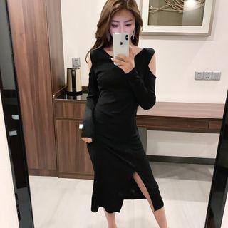 Cold-shoulder Long-sleeve Split Sheath Dress