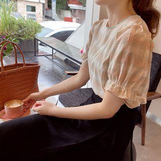 Puff-sleeve Piped Checked Blouse
