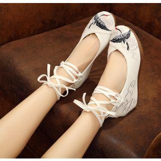 Embroidered Ankle Strap Hidden Wedge Pumps