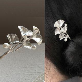 Leaf Faux Pearl Alloy Hair Stick 1pc - 2792a - Silver - One Size