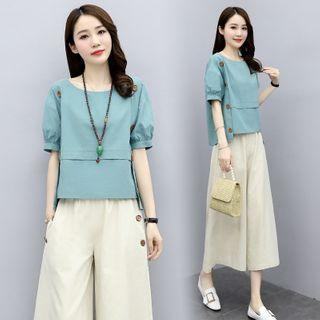 Set: Short-sleeve Linen Blend Blouse + Capri Wide-leg Pants