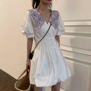 Puff-sleeve Floral Collar Mini A-line Dress White - One Size