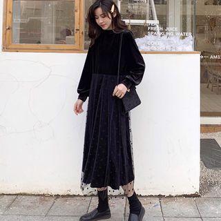 Long-sleeve Velvet Dotted Mesh A-line Dress