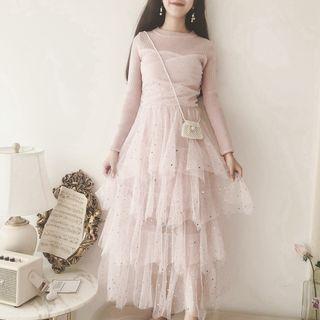 Knit Panel Long-sleeve Midi Tiered Dress