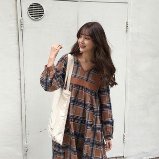 Check V-neck Loose-fit A-line Midi Dress