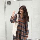 Check V-neck Loose-fit A-line Midi Dress