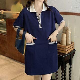 Short-sleeve Striped Trim A-line Polo Dress