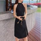 Sleeveless Halter Slit A-line Dress