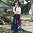 Long-sleeve Hanfu Top / A-line Maxi Skirt / Embroidered Vest / Set