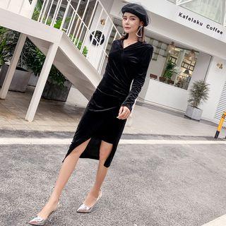 Long-sleeve Hooded Velvet Wrap Dress