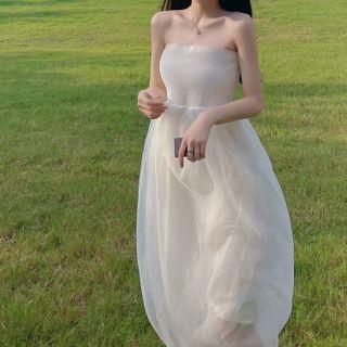 Strapless Mesh Panel Midi A-line Dress