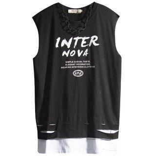 Mock Two-tone Sleeveless Lettering Top