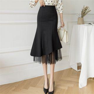 Mesh Hem Midi Pencil Skirt