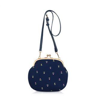 Canvas Floral Print Kiss Lock Crossbody Bag Floral - Dark Blue - One Size