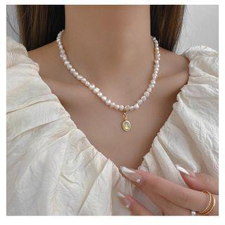Cat Eye Stone Pendant Faux Pearl Necklace 1 Pc - Gold - One Size