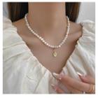 Cat Eye Stone Pendant Faux Pearl Necklace 1 Pc - Gold - One Size