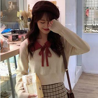 Color Block Collared Long-sleeve Knit Top