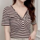 Short-sleeve Striped Knotted Top