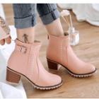 Chunky Heel Buckled Stitched Ankle Boots