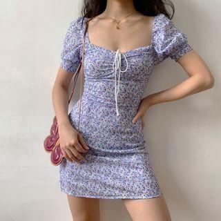 Floral Short-sleeve Tie-neck Mini A-line Dress
