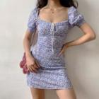 Floral Short-sleeve Tie-neck Mini A-line Dress