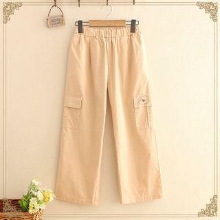 Dog Embroidered Elastic-waist Straight-leg Pants Khaki - One Size