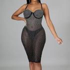 Spaghetti Strap Rhinestone Mesh Bodycon Dress