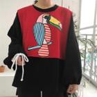Drawstring Cuff Pullover / Bird Embroidered Cropped Vest