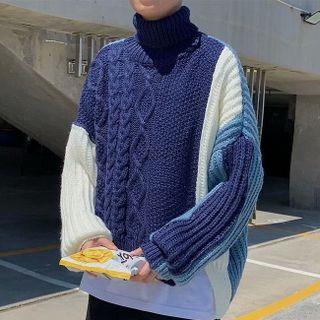 Paneled Cable Knit Turtleneck Sweater