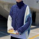 Paneled Cable Knit Turtleneck Sweater