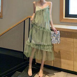 Spaghetti Strap Frill Trim Mesh Paneled A-line Midi Dress Green - One Size