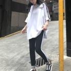 Set: Striped Trim Elbow-sleeve T-shirt + Sweatpants