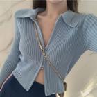 Plain Long-sleeve Slim-fit Knit Top Blue - One Size