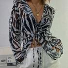 Long-sleeve Tie-front Zebra Print Mesh Top