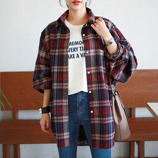 Drop-shoulder Plaid Shirt Wine Red - One Size