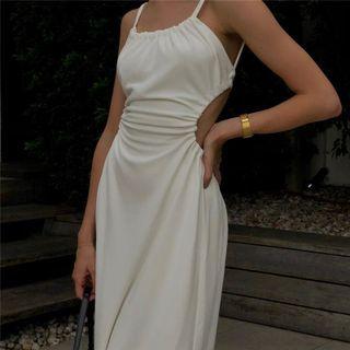 Plain Ruched Cutout Spaghetti Strap Skinny Dress