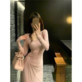 Long-sleeve Scoop Neck Midi Sheath Dress Pink - One Size