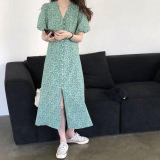 Short-sleeve Floral Midi Dress Green - One Size