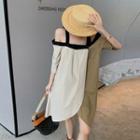 Cold-shoulder Two-tone Panel Midi Shift Dress Beige & Green - One Size